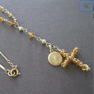 Golden Sapphire Cross Necklace 14k Gold Metal Neck